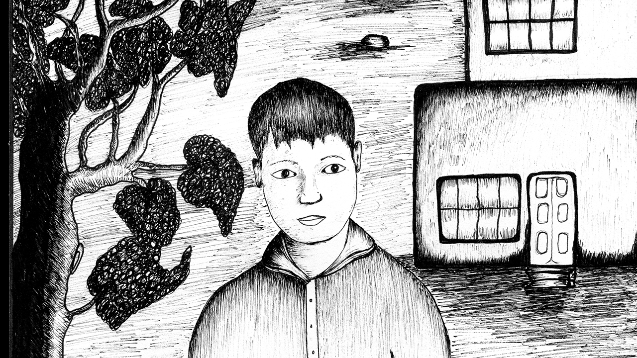 Illustration of a boy in black and white
