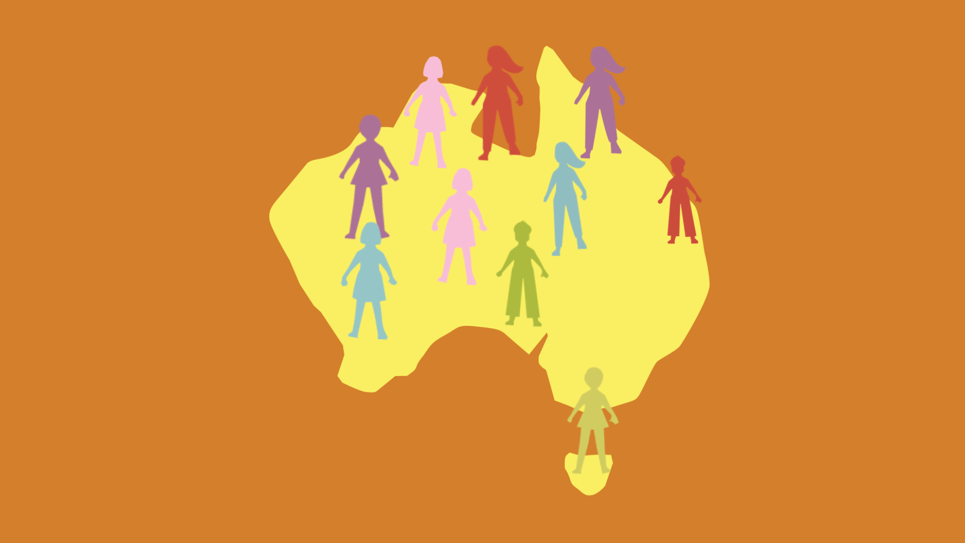 Australia on an orange background with colour people placed on top