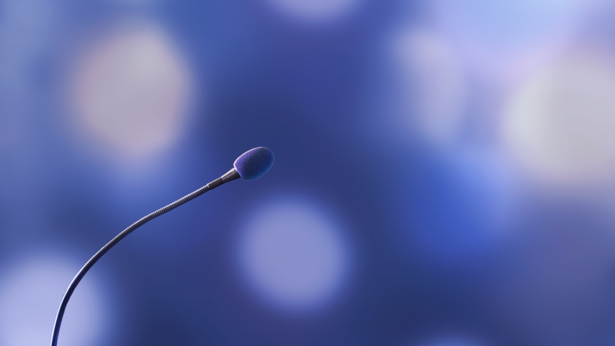 blue background, black microphone, photo, landscape