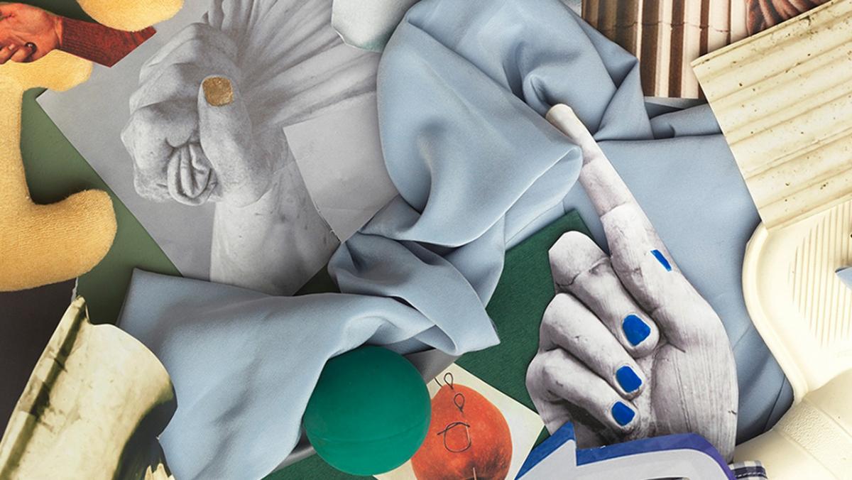 illustration and photography of pink soap, apples, puppies all stitched together by artist Skye Wagner