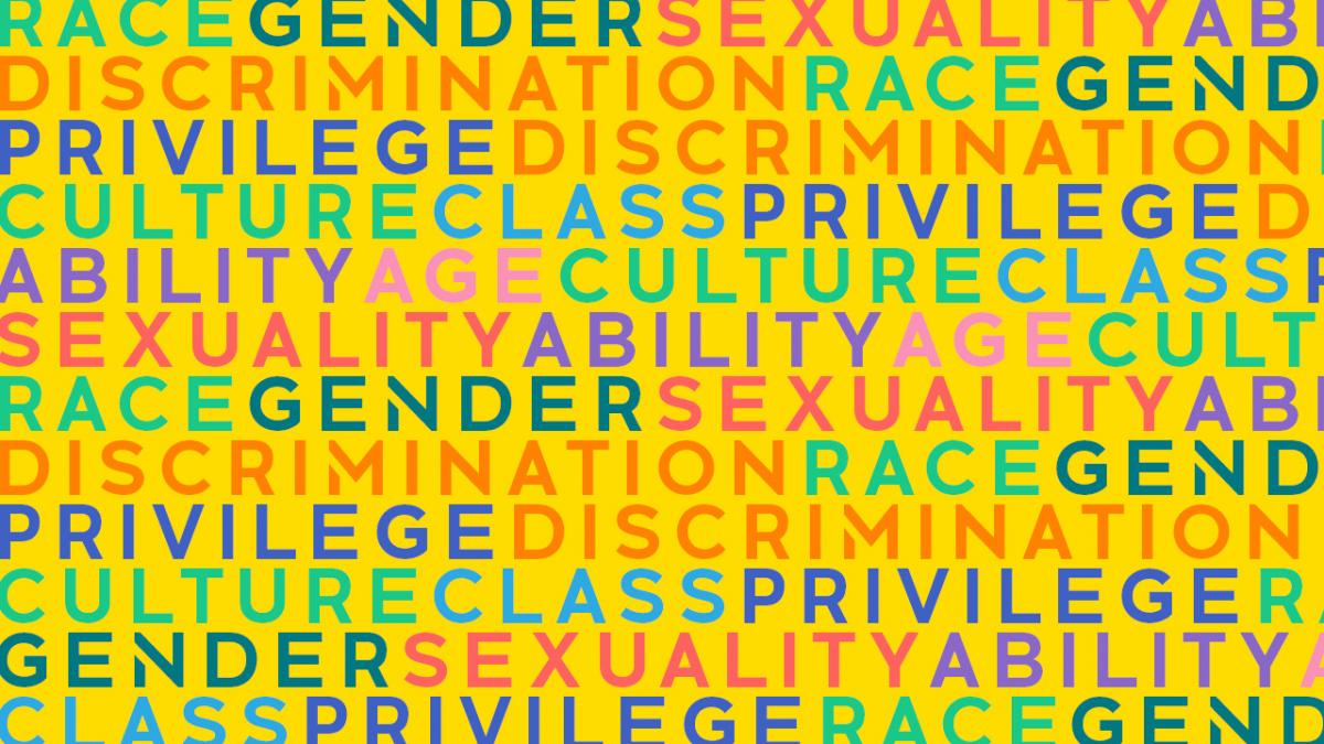 Collage of words relating to intersectionality: privelege, discrimination, age, race, culture, class, gender, sexuality, ability