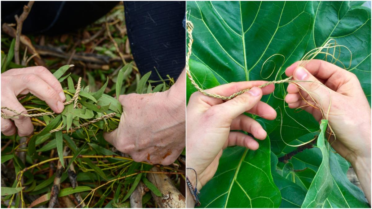 Two pairs of hands weaving with nature based materials. 