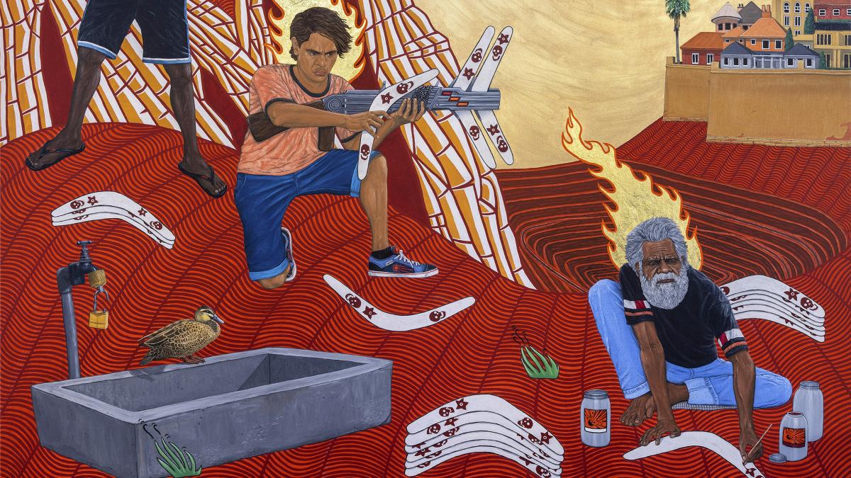 Ryan Presley, 'Aeronautics (what goes up must come down)' 2020. Oil, synthetic polymer paint and gold leaf on polyester-cotton canvas. Courtesy: the artist and Milani Gallery, Brisbane. Photograph: Carl Warner