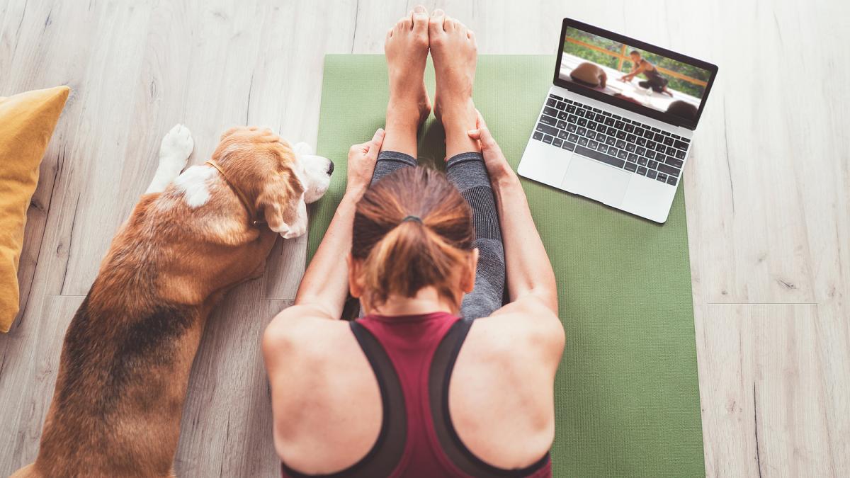 photo of a women stretching on a yoga mat.